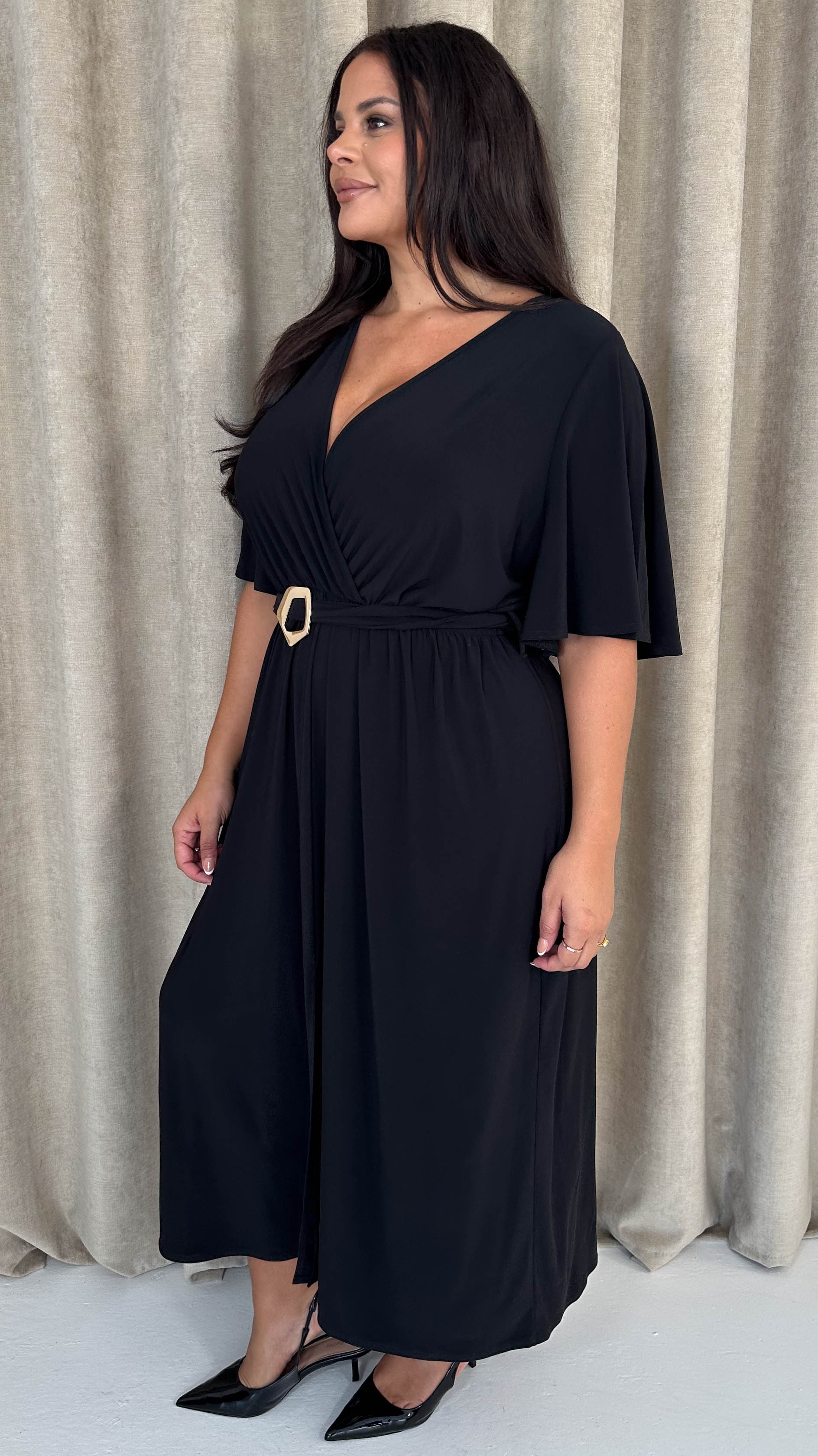 CurveWow Irregular Buckle Split Front Wrap Dress Black