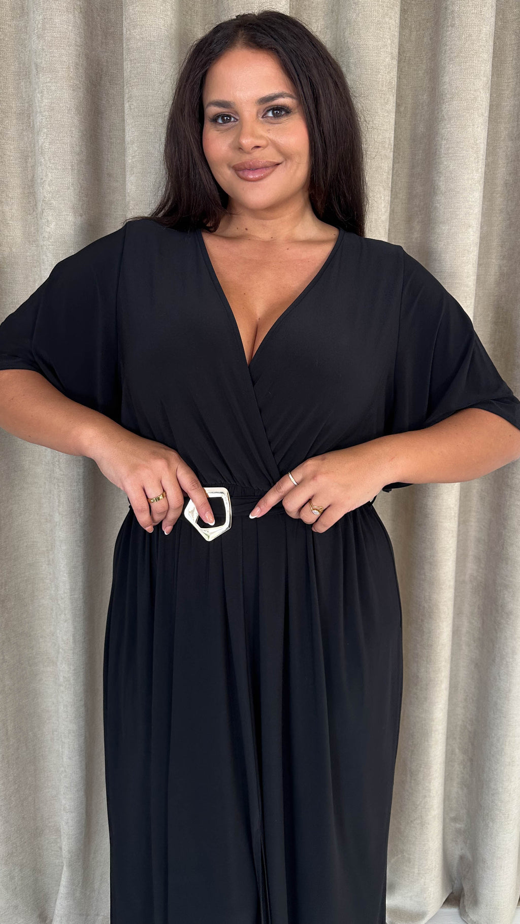 CurveWow Irregular Buckle Split Front Wrap Dress Black