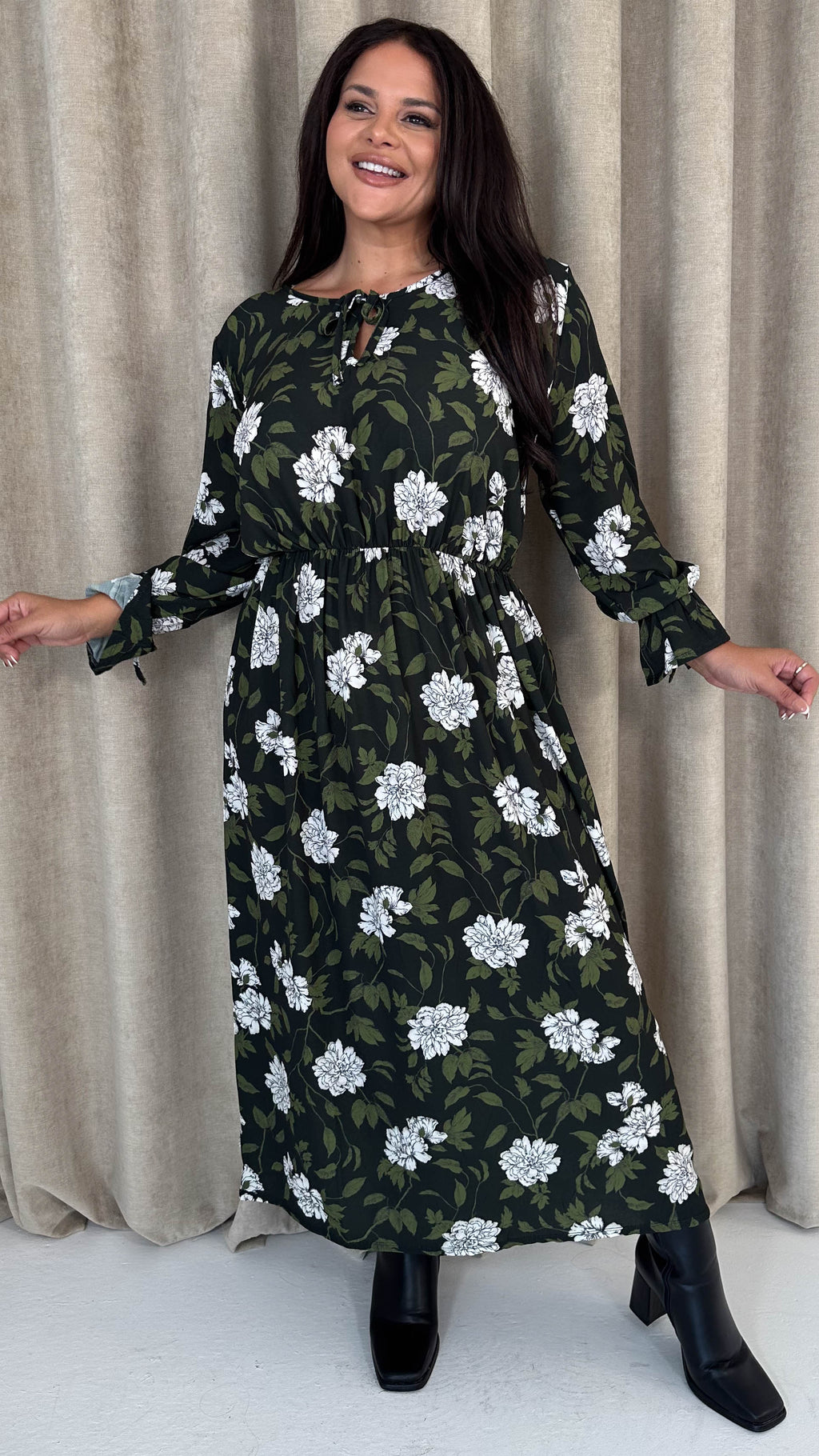 CurveWow Tie Cuff Midaxi Dress Black Floral