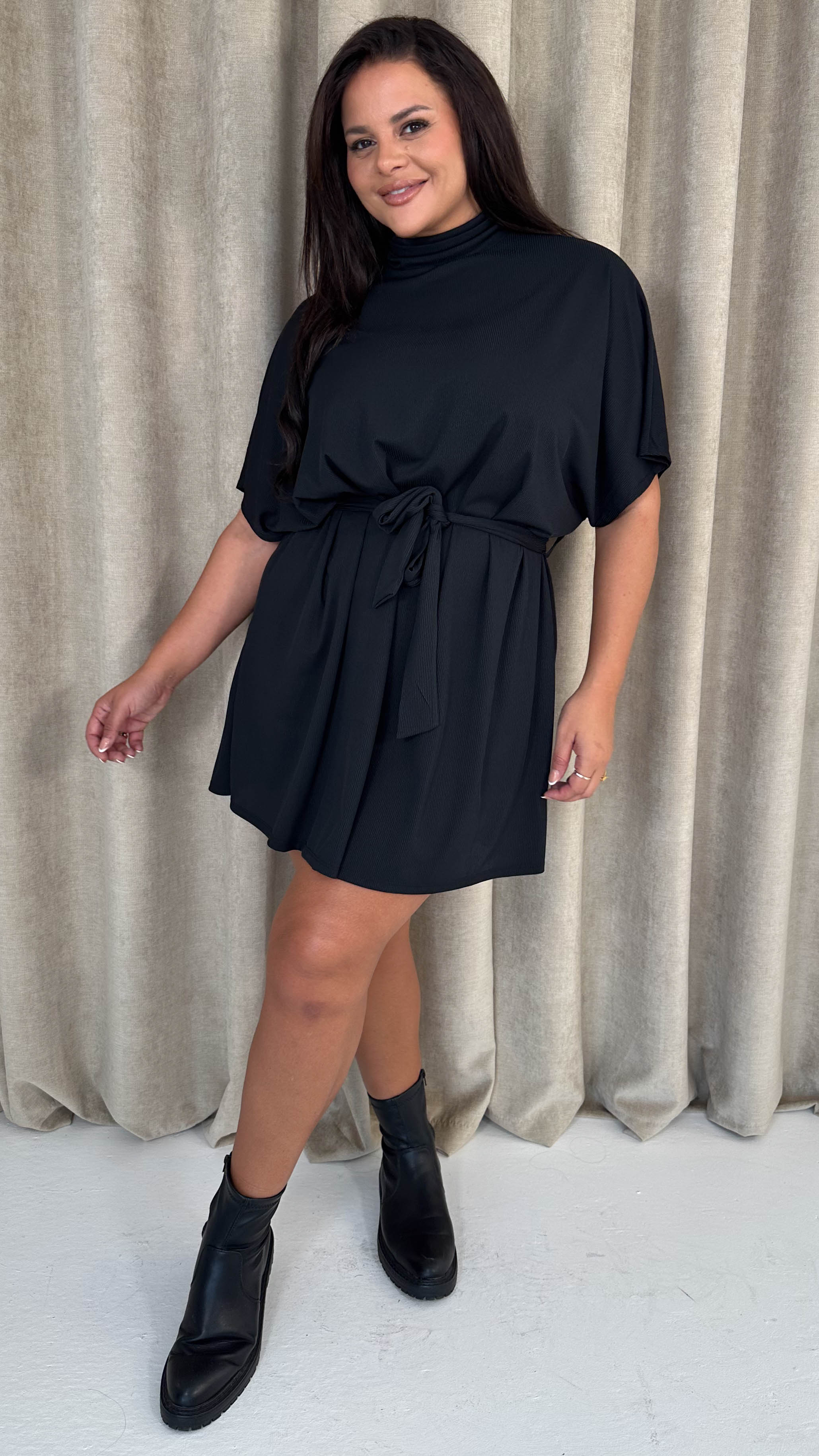 CurveWow High Neck Tie Waist Mini Dress Black