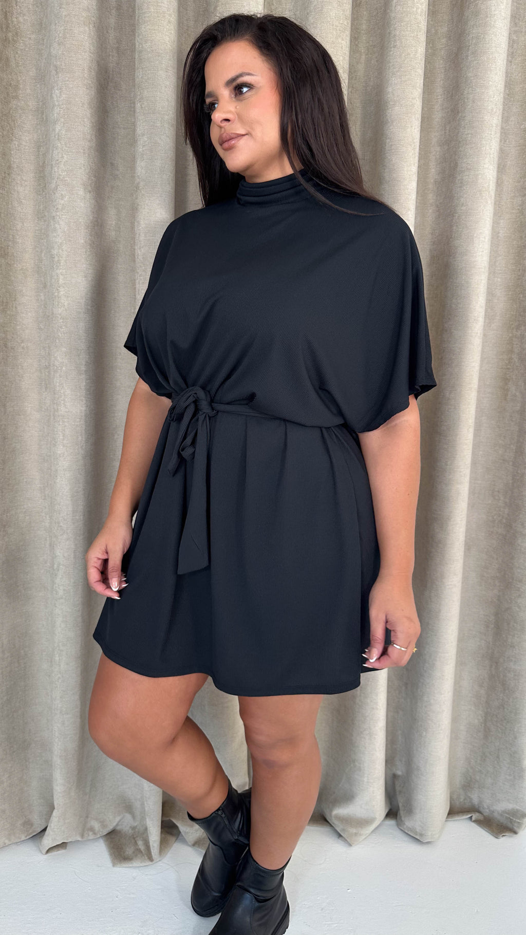 CurveWow High Neck Tie Waist Mini Dress Black