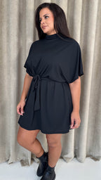 CurveWow High Neck Tie Waist Mini Dress Black