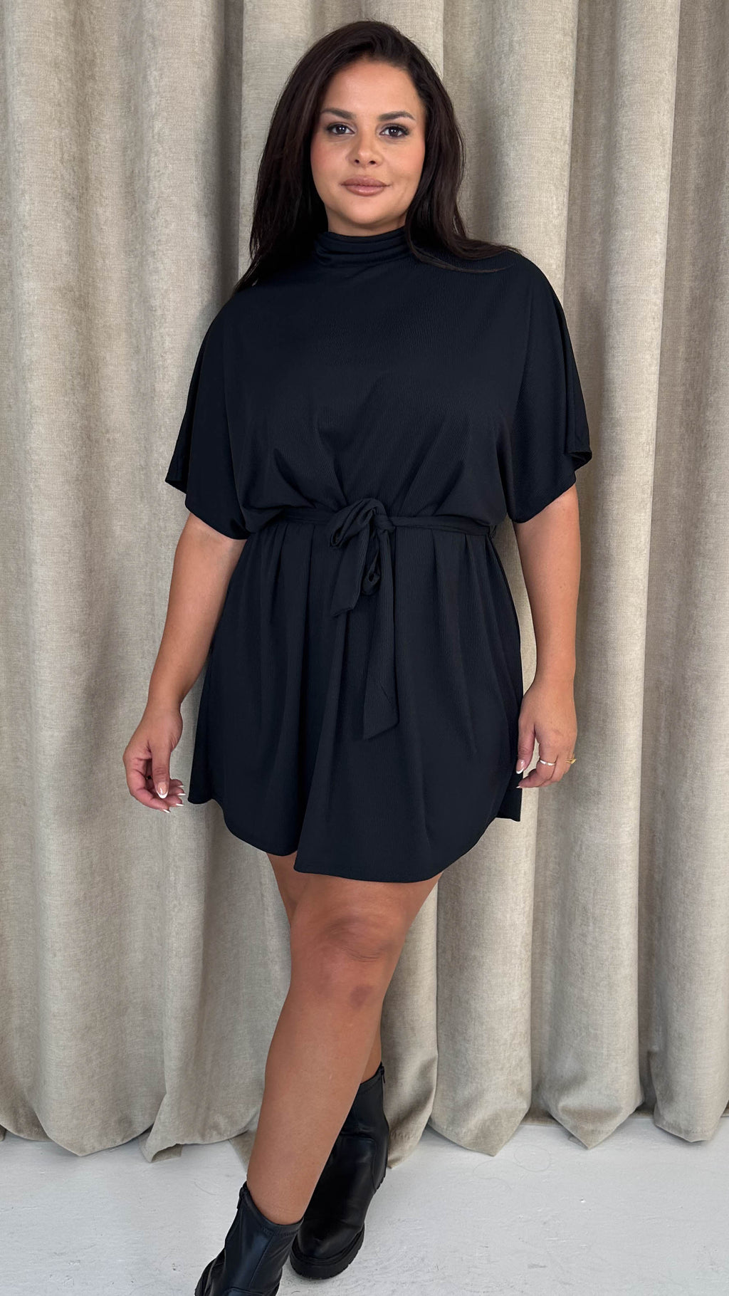 CurveWow High Neck Tie Waist Mini Dress Black