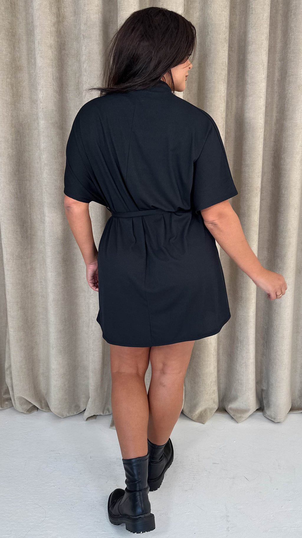 CurveWow High Neck Tie Waist Mini Dress Black