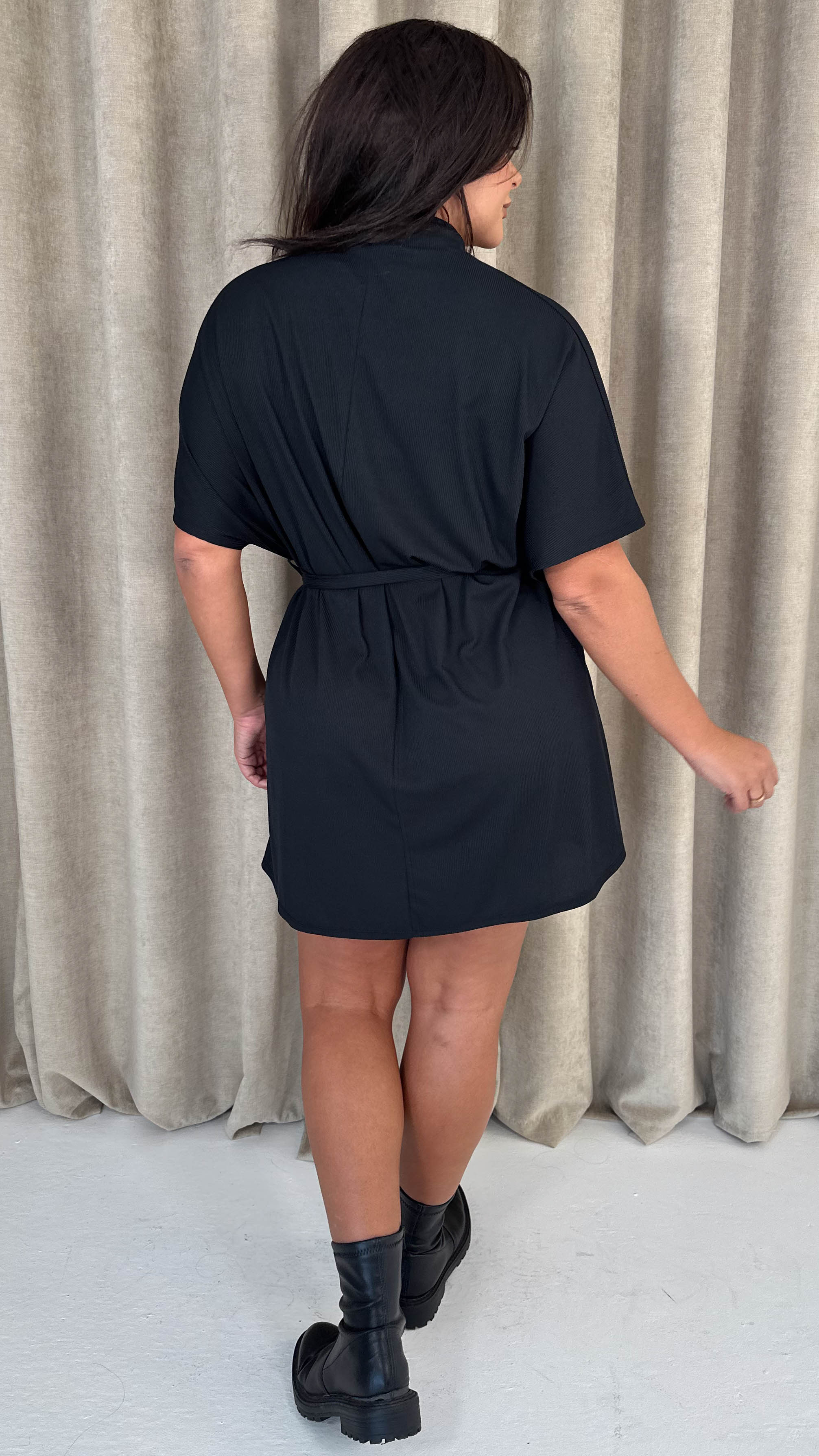 CurveWow High Neck Tie Waist Mini Dress Black