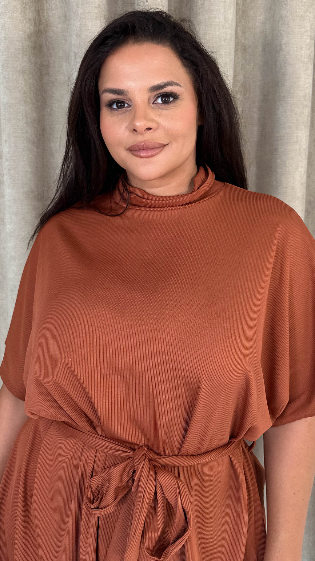 CurveWow High Neck Tie Waist Mini Dress Rust