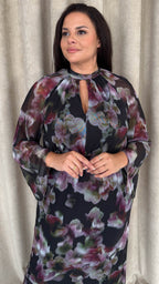 CurveWow Keyhole Mesh Dress Black Floral
