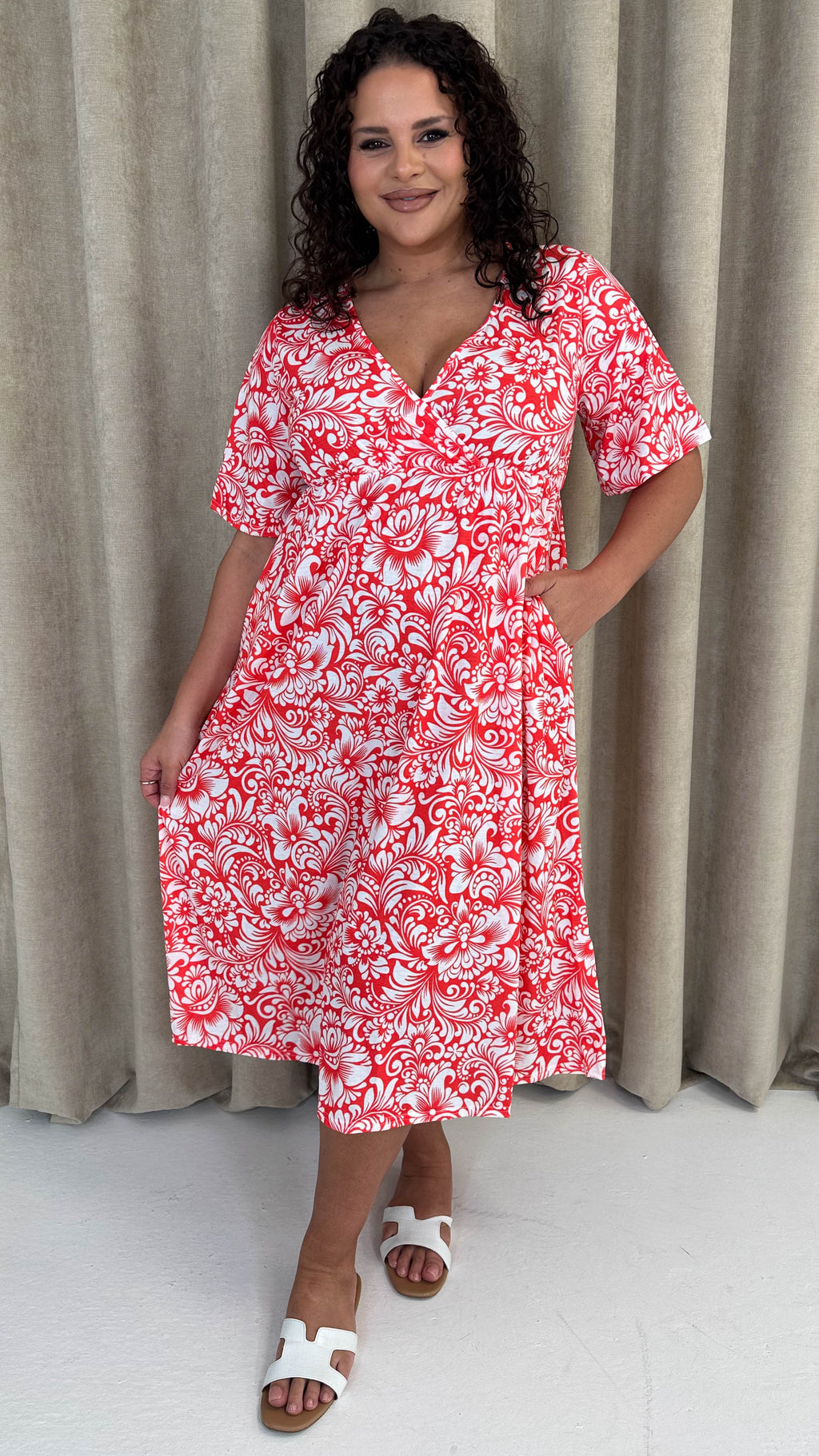 CurveWow Wrap Midi Dress Red Paisley