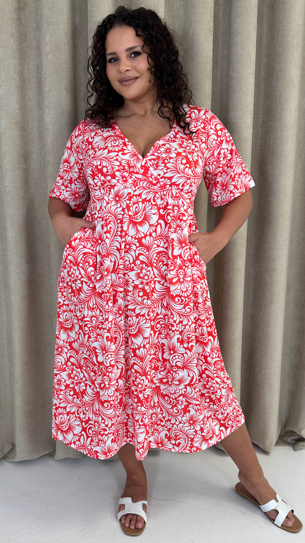 CurveWow Wrap Midi Dress Red Paisley