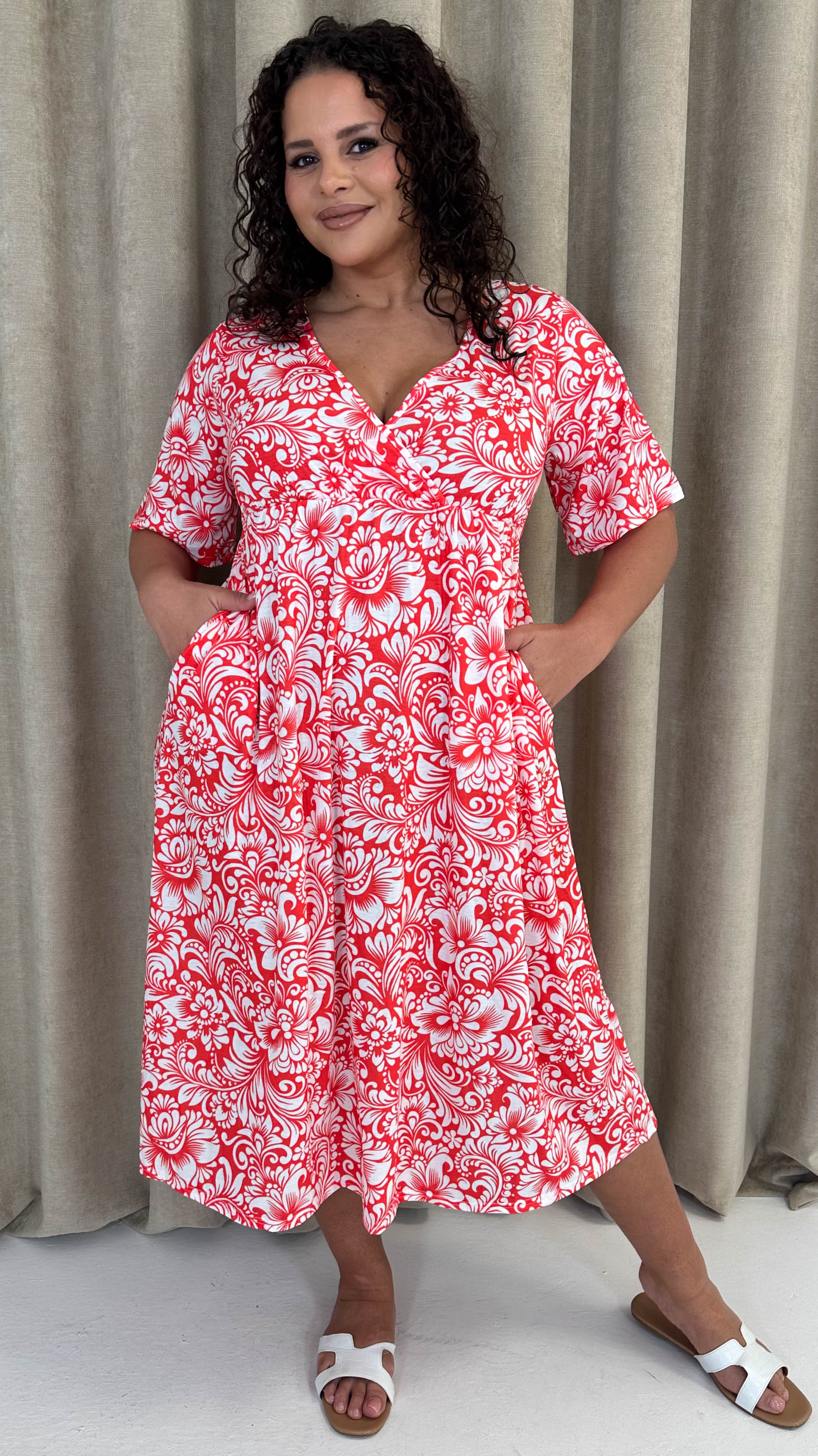 CurveWow Wrap Midi Dress Red Paisley