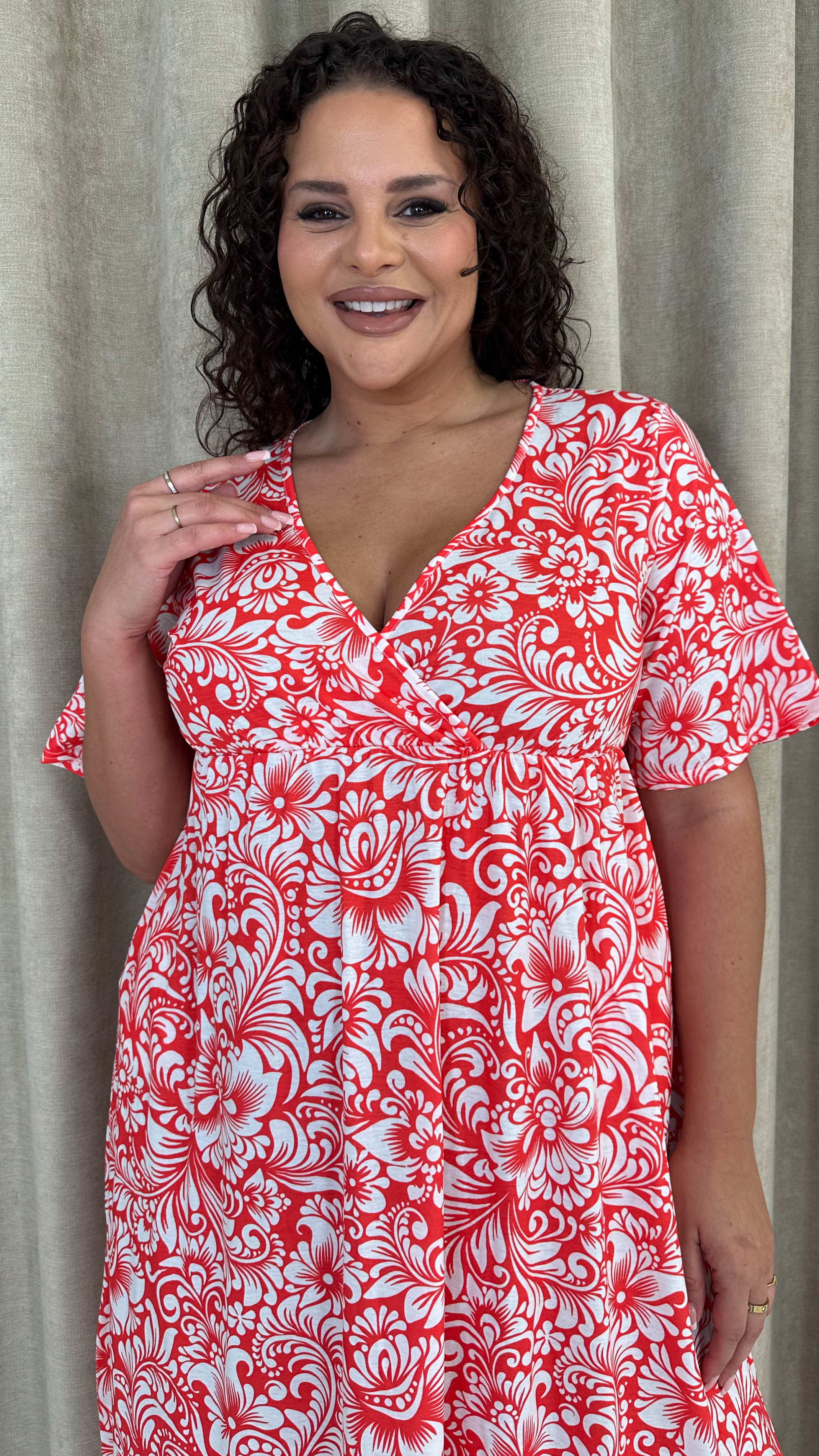 CurveWow Wrap Midi Dress Red Paisley