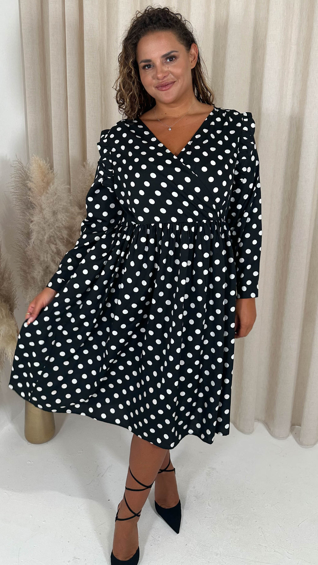 CurveWow Frill Wrap Dress White/Black Polka Dot