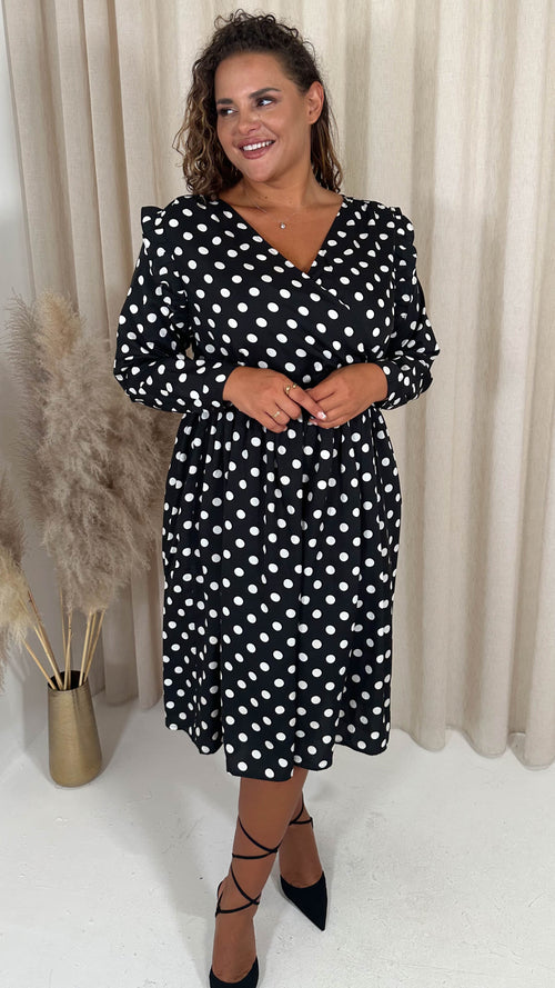 CurveWow Frill Wrap Dress White/Black Polka Dot