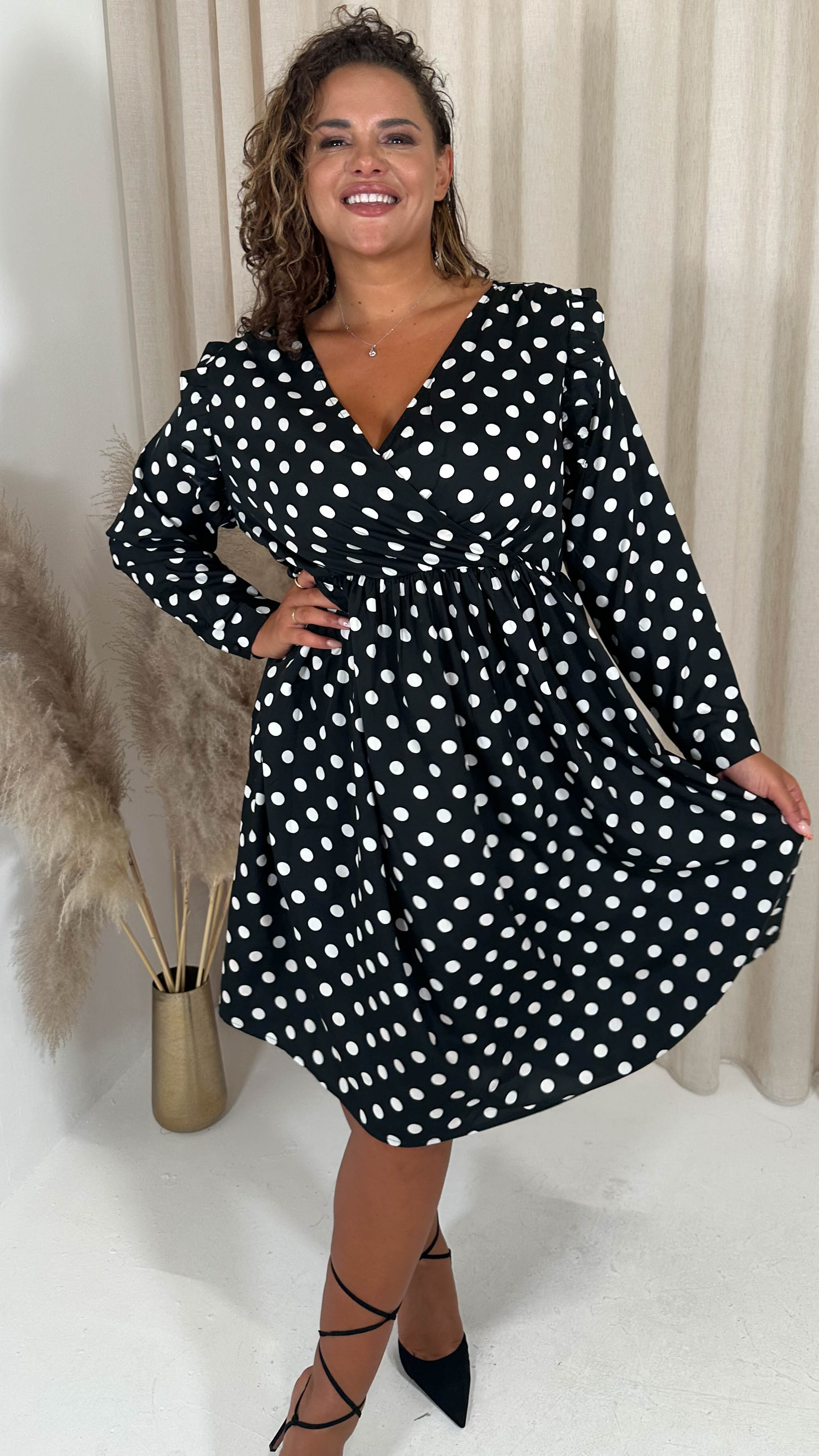 CurveWow Frill Wrap Dress White/Black Polka Dot