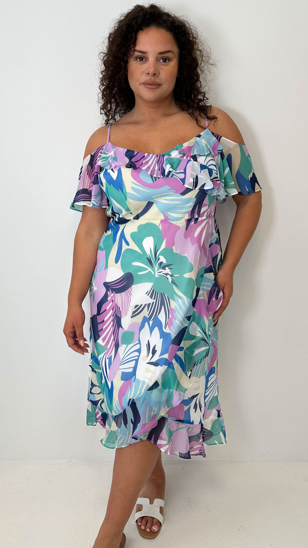 CurveWow Floral Frill Cold Shoulder Dress Multi Floral