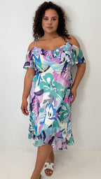 CurveWow Floral Frill Cold Shoulder Dress Multi Floral