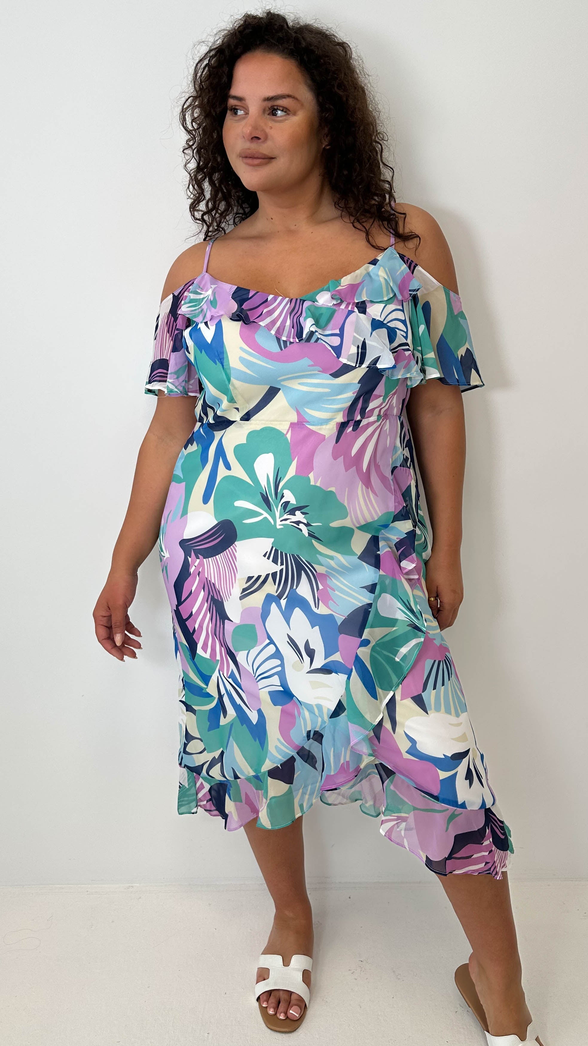 CurveWow Floral Frill Cold Shoulder Dress Multi Floral