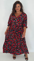 CurveWow Tiered Vneck Balloon Sleeve Maxi Dress Black Multi