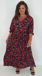 CurveWow Tiered Vneck Balloon Sleeve Maxi Dress Black Multi