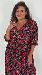 CurveWow Tiered Vneck Balloon Sleeve Maxi Dress Black Multi