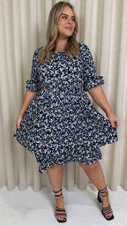 CurveWow Double Layer Tea Dress Blue Black Floral