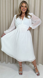 CurveWow Dobby Shirred Bodice Midi Dress White