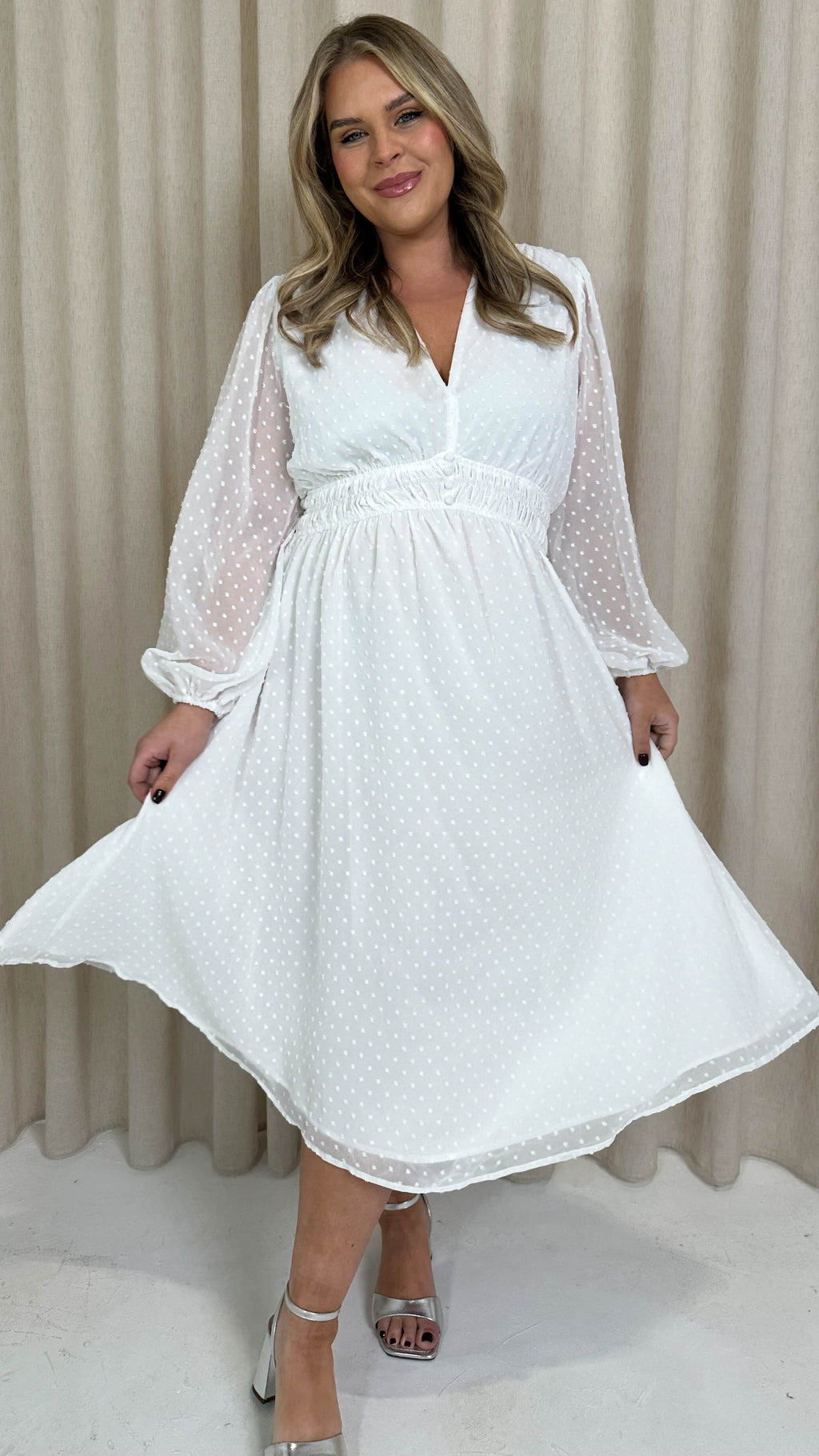 CurveWow Dobby Shirred Bodice Midi Dress White