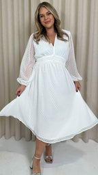 CurveWow Dobby Shirred Bodice Midi Dress White