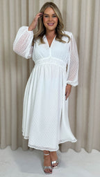 CurveWow Dobby Shirred Bodice Midi Dress White