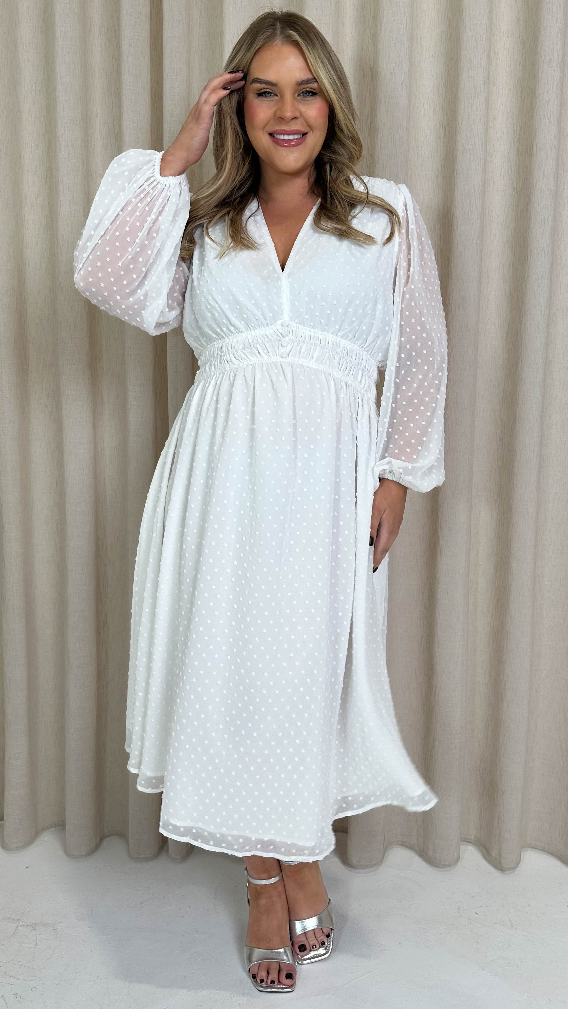 CurveWow Dobby Shirred Bodice Midi Dress White