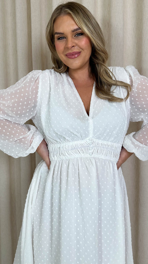 CurveWow Dobby Shirred Bodice Midi Dress White