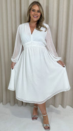 CurveWow Dobby Shirred Bodice Midi Dress White
