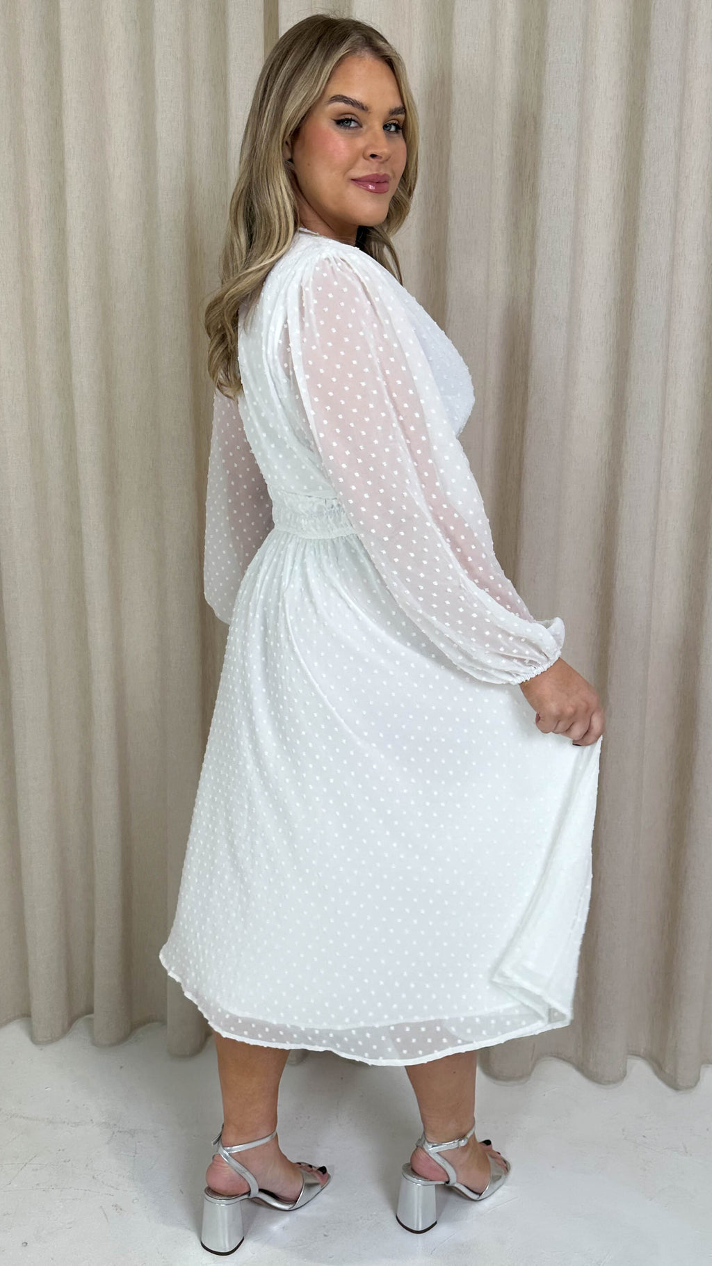 CurveWow Dobby Shirred Bodice Midi Dress White