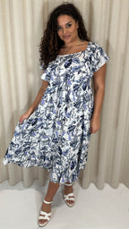 CurveWow Frill Shoulder Midi Dress Blue Leaf