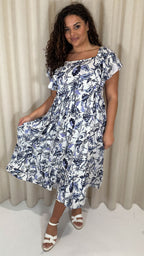 CurveWow Frill Shoulder Midi Dress Blue Leaf