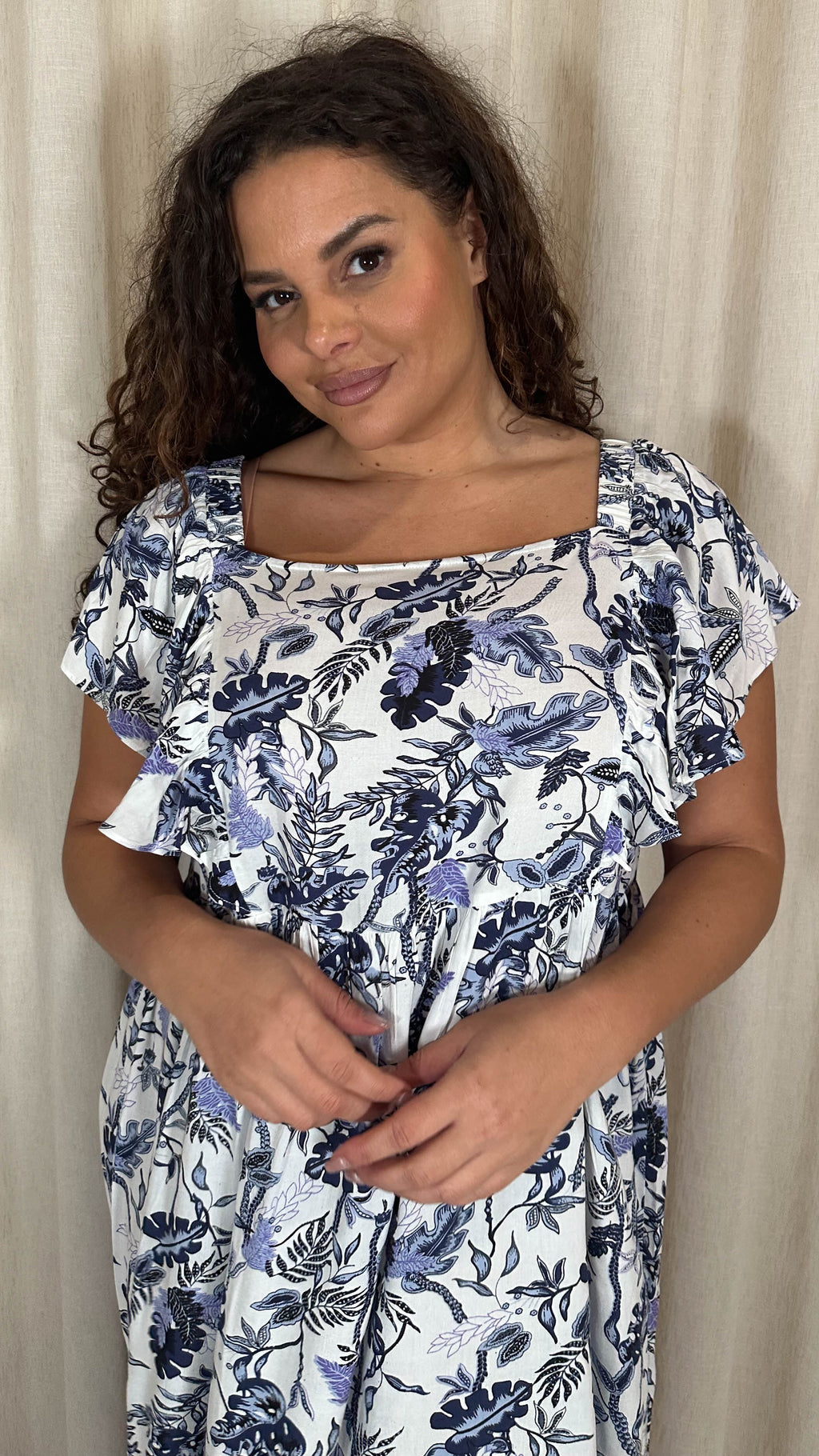 CurveWow Frill Shoulder Midi Dress Blue Leaf