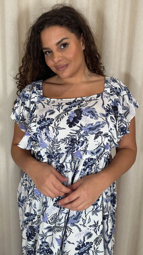 CurveWow Frill Shoulder Midi Dress Blue Leaf