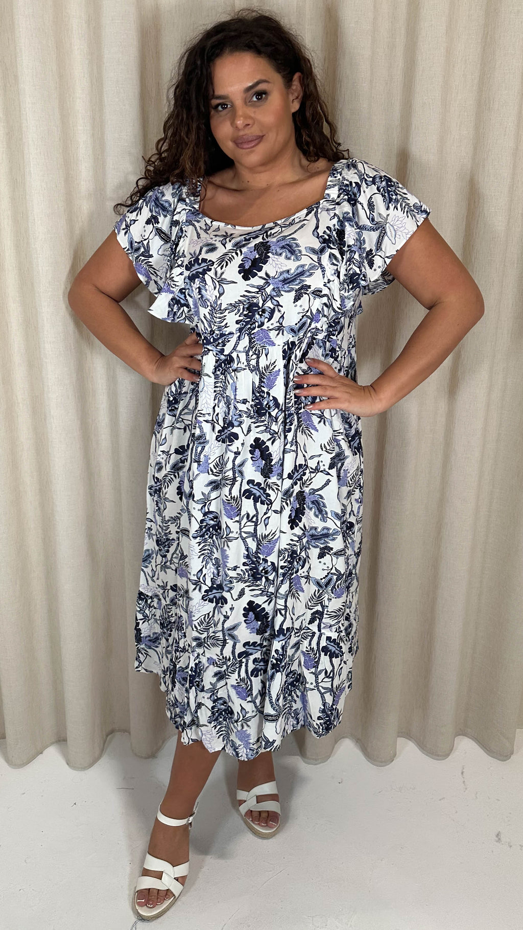 CurveWow Frill Shoulder Midi Dress Blue Leaf
