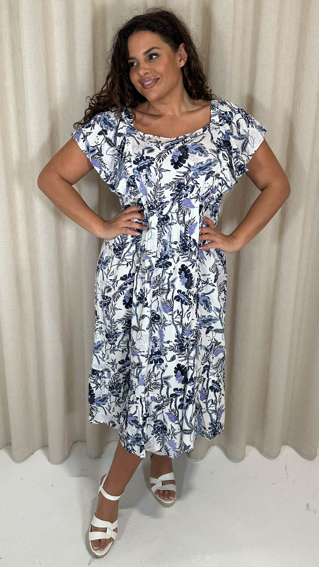 CurveWow Frill Shoulder Midi Dress Blue Leaf