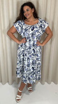 CurveWow Frill Shoulder Midi Dress Blue Leaf