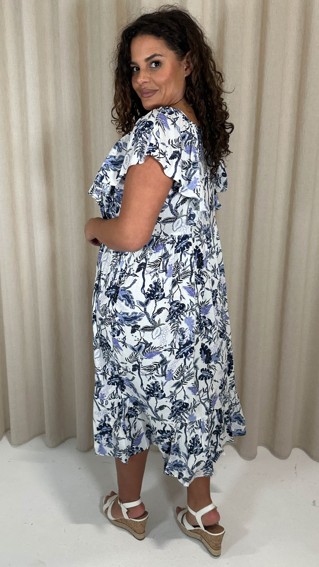 CurveWow Frill Shoulder Midi Dress Blue Leaf