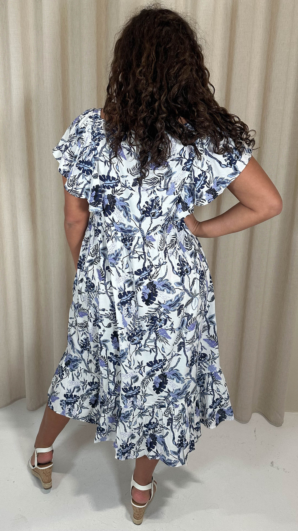 CurveWow Frill Shoulder Midi Dress Blue Leaf
