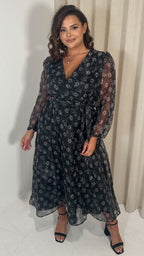 CurveWow Full Organza Printed Wrap Dress Black Floral