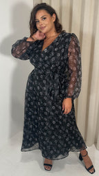 CurveWow Full Organza Printed Wrap Dress Black Floral