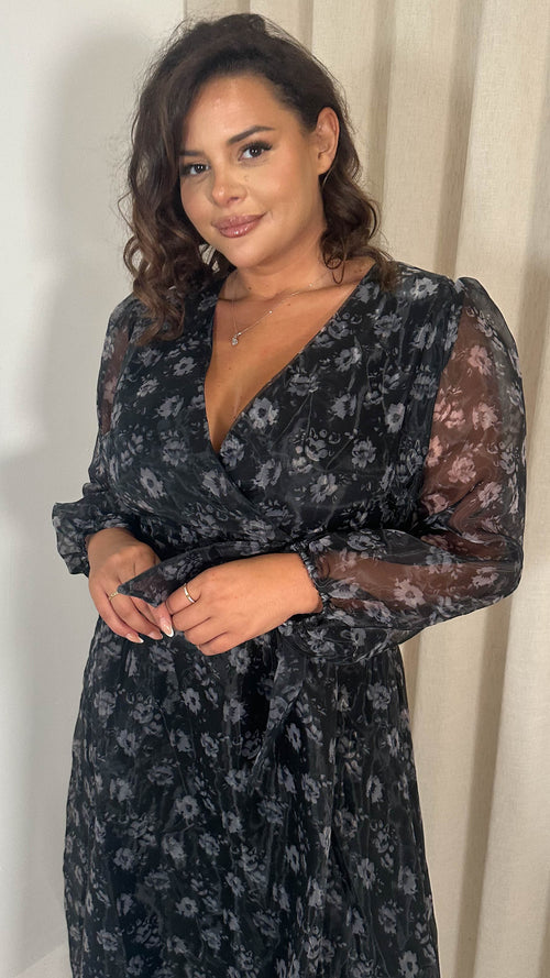 CurveWow Full Organza Printed Wrap Dress Black Floral