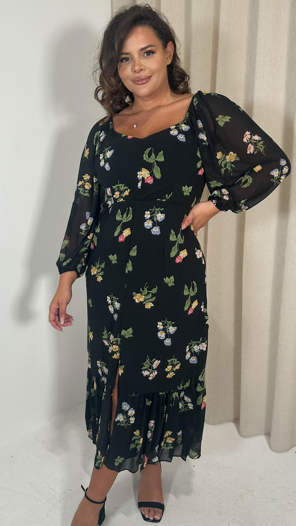 CurveWow Floral Milkmaid Dress Black Multi