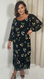 CurveWow Floral Milkmaid Dress Black Multi