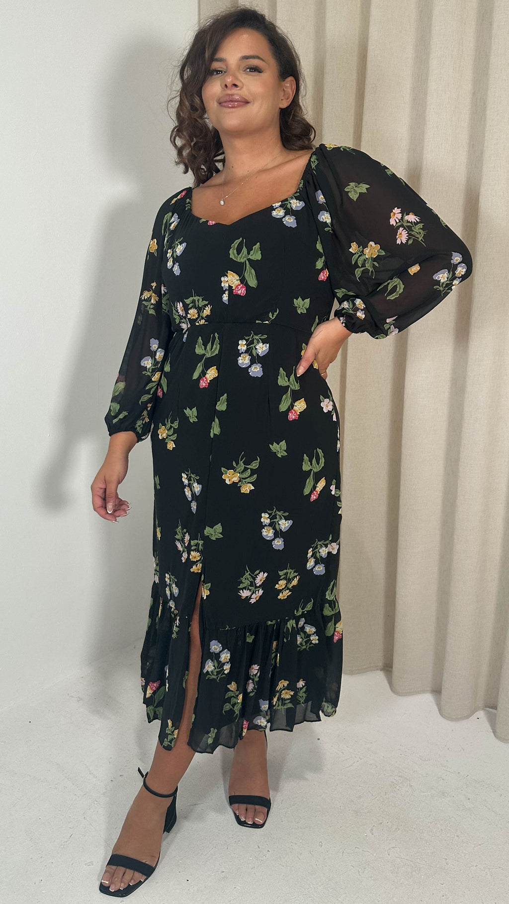 CurveWow Floral Milkmaid Dress Black Multi