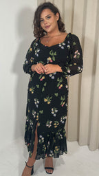CurveWow Floral Milkmaid Dress Black Multi