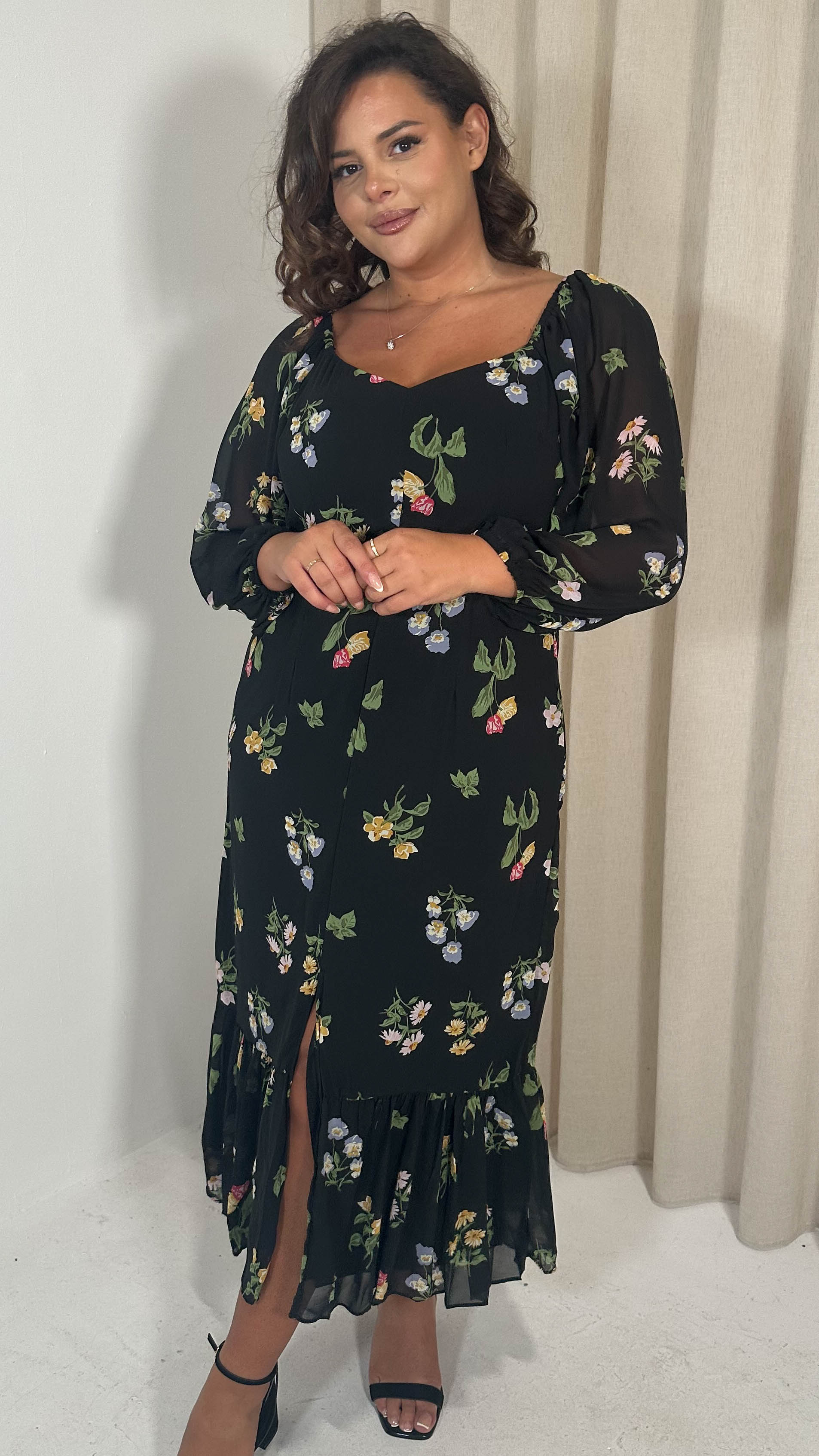 CurveWow Floral Milkmaid Dress Black Multi
